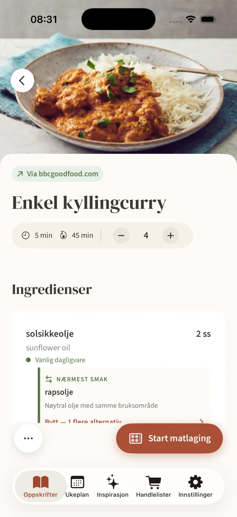 En importert kyllingcurry i Anrett med kilde, porsjonsvelger og norske ingredienser