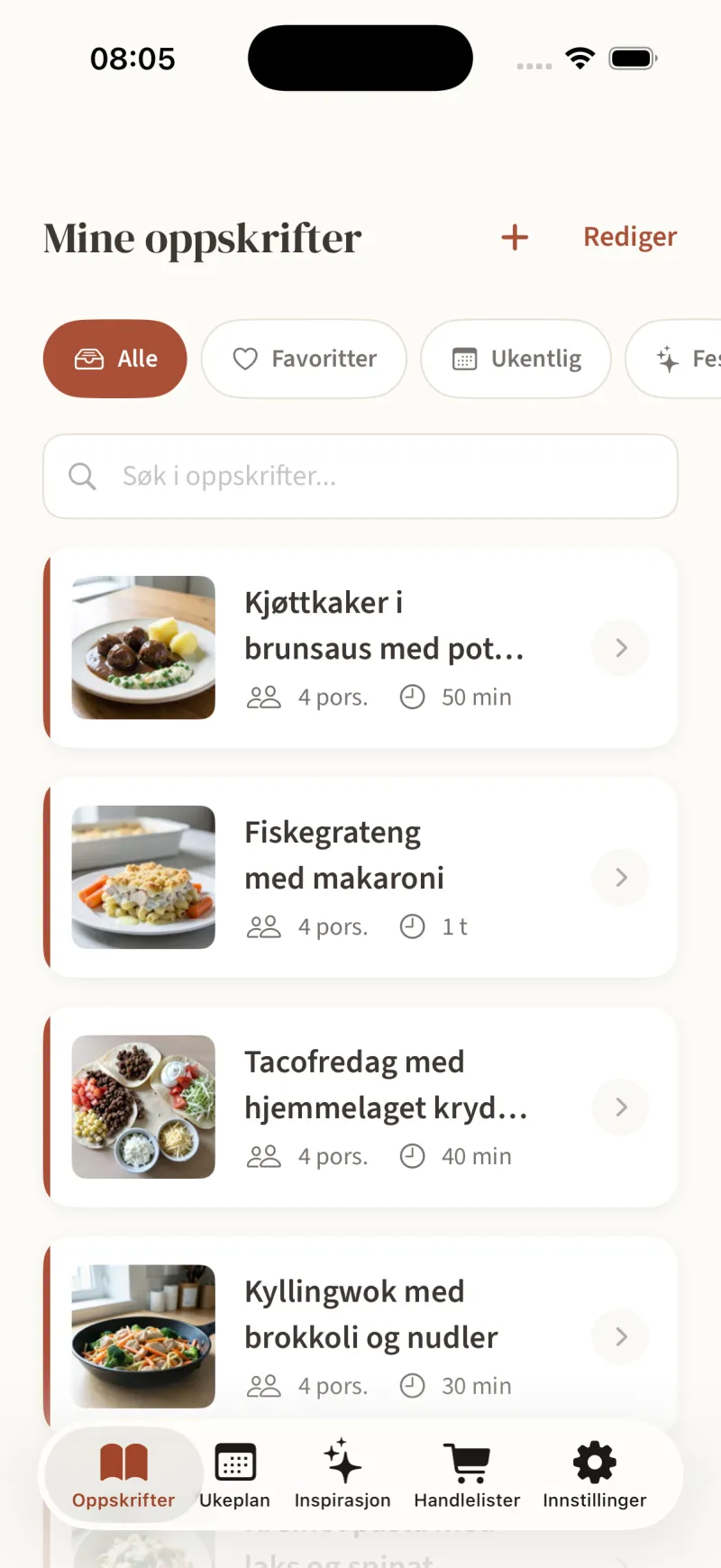 Oppskriftslista i Anrett med kjøttkaker i brunsaus, fiskegrateng, tacofredag og kyllingwok